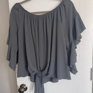Gray Off Shoulder Tie Front Top